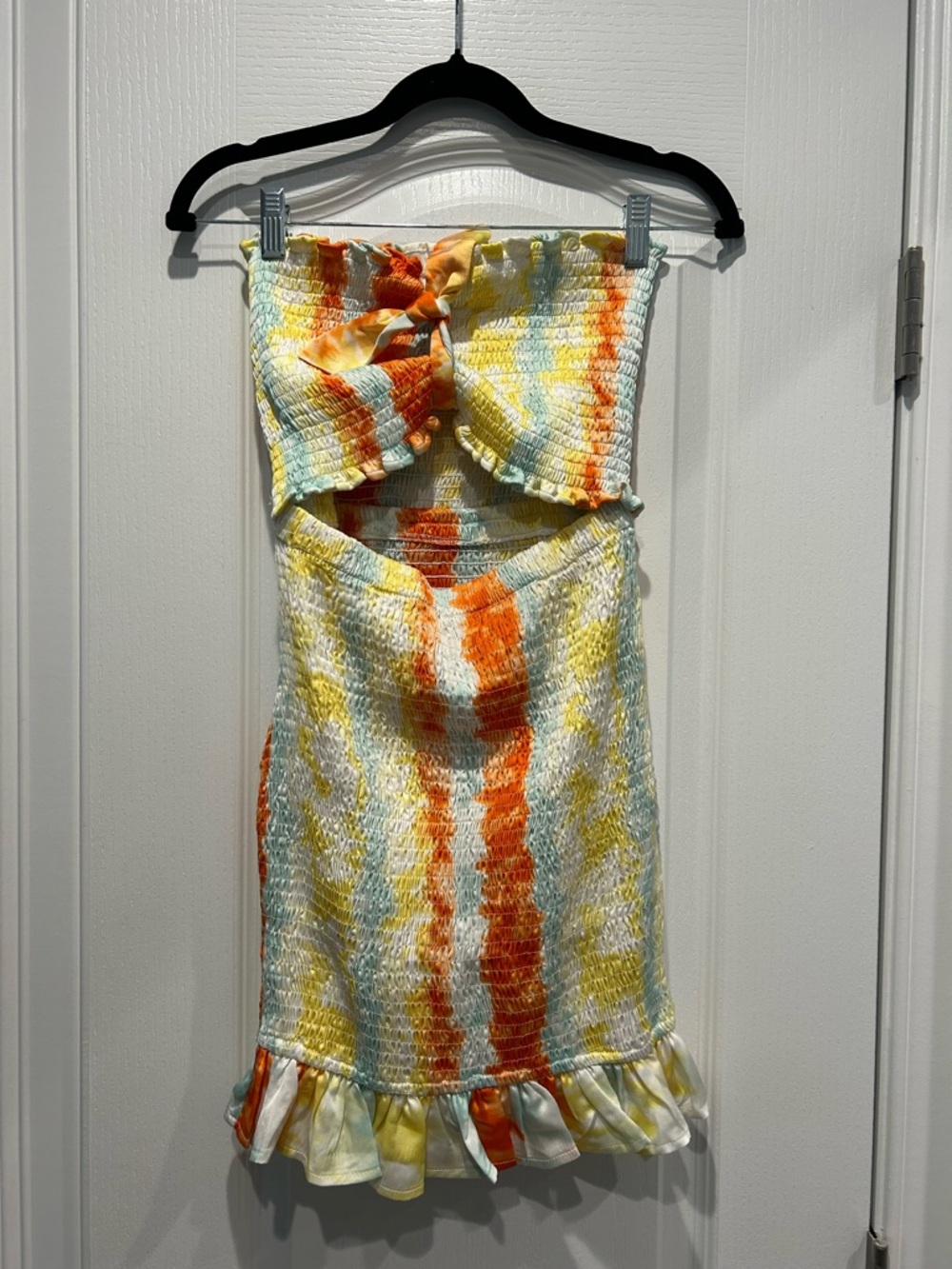 Fashion Nova Tie-Front Smocked Mini Dress in Orange, Yellow & Light Blue